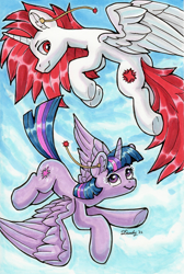 Size: 1799x2676 | Tagged: safe, artist:dandy, imported from derpibooru, twilight sparkle, oc, oc:ryoku memori, alicorn, pony, alicorn oc, butt, commission, copic, duo, ear fluff, ear piercing, earring, flying, horn, jewelry, looking at each other, looking at someone, piercing, plot, sky, traditional art, twilight sparkle (alicorn), wings