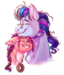 Size: 1224x1421 | Tagged: safe, artist:notsosmartsmarty, imported from derpibooru, sunny starscout, earth pony, pony, spoiler:g5, argyle starshine, bust, cuddling, duo, eyes closed, father and child, father and daughter, featured image, female, g5, handsome, jewelry, looking at each other, male, pendant, portrait, simple background, smiling, smiling at each other, white background