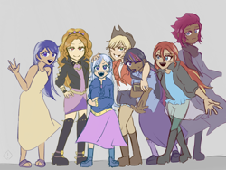 Size: 2048x1536 | Tagged: safe, artist:metaruscarlet, imported from derpibooru, adagio dazzle, applejack, minuette, sunset shimmer, tempest shadow, trixie, twilight sparkle, human, 2022, applejack's hat, belt, blue background, book, boots, clothes, cowboy hat, dark skin, dress, female, flannel, grin, hat, hoodie, humanized, jacket, leather jacket, lesbian, light skin, lightly tanned skin, minixie, moderate dark skin, one eye closed, open mouth, peace sign, polyamory, poncho, sandals, scarf, shipping, shoes, short, shorts, simple background, size difference, skirt, smiling, socks, spiked wristband, suntrix, sweater, tempestrix, triagio, tripplejack, trixie gets all the mares, twixie, wristband