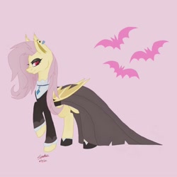 Size: 1024x1020 | Tagged: artist needed, safe, imported from derpibooru, fluttershy, bat pony, pony, alternate cutie mark, bat ponified, bat wings, clothes, cutie mark, ear piercing, earring, female, flutterbat, fluttergoth, goth, gothic, jewelry, piercing, pink background, race swap, raised hoof, simple background, solo, wings