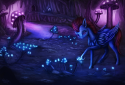 Size: 4610x3135 | Tagged: safe, artist:seven9988, imported from derpibooru, oc, oc only, oc:scarlet sky, pegasus, pony, cave, glowing, mushroom, river, scenery, solo, water