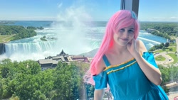 Size: 2048x1152 | Tagged: safe, artist:magicalmysticva, imported from derpibooru, fluttershy, human, clothes, cosplay, costume, hotel room, irl, irl human, neighagra falls, photo, solo, vacation, window