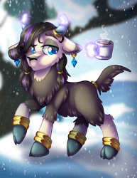 Size: 900x1165 | Tagged: safe, artist:mychelle, imported from derpibooru, oc, oc only, oc:russet quartz, hybrid, original species, yakony, coffee, coffee mug, interspecies offspring, magic, male, mug, offspring, parent:prince rutherford, parent:rarity, snow, snowfall, solo