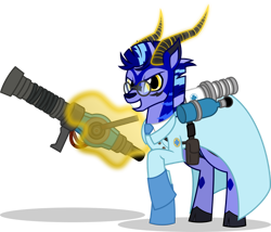 Size: 1280x1096 | Tagged: safe, artist:mlp-trailgrazer, imported from derpibooru, oc, oc only, oc:trail grazer, gazelle, magic, medic, medigun, simple background, solo, team fortress 2, transparent background