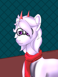 Size: 2400x3200 | Tagged: safe, artist:circumflexs, imported from derpibooru, oc, oc:tesla hronum, pony, clothes, ear piercing, glasses, horn, multiple horns, piercing, scarf, simple background, solo, white coat, white mane