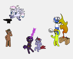 Size: 2500x2000 | Tagged: safe, artist:potatoconnoisseur, derpibooru exclusive, imported from derpibooru, oc, oc only, oc:assaultina, oc:heavy weather, oc:purple haze, oc:smelly bigshit, oc:up beet, oc:weird science, earth pony, pegasus, pony, unicorn, anvil, art trade, bipedal, duos, female, glasses, goggles, holding up, imminent injury, male, mare, missing cutie mark, science!, stallion