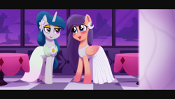 Size: 2880x1620 | Tagged: safe, artist:whitequartztheartist, imported from derpibooru, oc, oc:fairy dust, oc:pillow art, pegasus, pony, unicorn, at the gala, clothes, dress, duo, female, gala dress, mare