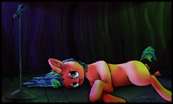 Size: 5601x3380 | Tagged: safe, artist:ceugenese, imported from derpibooru, earth pony, pony, blue hair, female, gray eyes, lying down, mare, microphone, on side, red coat, solo, spotlight, stage, tongue out