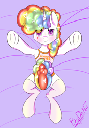 Size: 1700x2448 | Tagged: safe, artist:bydena, imported from derpibooru, pony, unicorn, bed, clothes, femboy, femboy hooters, horn, hug, male, multicolored hair, on bed, panties, purple background, purple eyes, rainbow hair, shirt, simple background, socks, solo, t-shirt, underwear