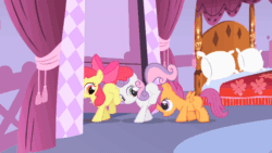 Size: 700x394 | Tagged: safe, imported from derpibooru, screencap, apple bloom, scootaloo, sweetie belle, earth pony, pegasus, pony, unicorn, season 1, the cutie mark chronicles, animated, blinking, cutie mark crusaders, door, female, filly, foal, gif, looking back, pushing, rump push, trio, trio female