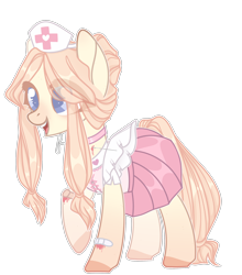 Size: 2162x2462 | Tagged: safe, artist:kawaiighetto, imported from derpibooru, oc, oc only, earth pony, pony, bandage, choker, colored hooves, earth pony oc, eye clipping through hair, eyelashes, female, mare, nurse, simple background, smiling, solo, transparent background