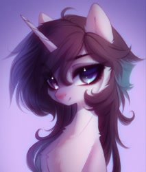 Size: 1458x1708 | Tagged: safe, artist:shenki, imported from derpibooru, oc, oc only, hybrid, pony, unicorn, bust, cheek fluff, chest fluff, ear fluff, eye clipping through hair, eyebrows, eyebrows visible through hair, eyelashes, female, gradient background, horn, looking at you, mare, oc name needed, portrait, smiling, smiling at you, solo, unicorn oc
