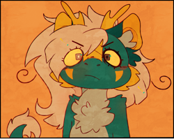 Size: 2496x1988 | Tagged: safe, artist:highrolleryt, imported from derpibooru, oc, oc only, dracony, dragon, hybrid, bust, chest fluff, eye clipping through hair, frown, puffy cheeks, solo