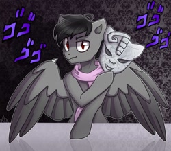 Size: 1000x880 | Tagged: artist needed, safe, imported from derpibooru, oc, oc:dante fly, pony, undead, vampire, clothes, dark background, half bat pony, jojo reference, male, scarf, stone mask, table