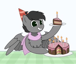 Size: 1600x1350 | Tagged: artist needed, safe, imported from derpibooru, oc, oc:dante fly, undead, vampire, birthday, birthday cake, cake, clothes, food, half bat pony, male, scarf, simple background, table, white background