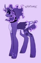 Size: 1546x2349 | Tagged: safe, artist:gothalite, imported from derpibooru, oc, oc only, oc:nightshade, alicorn, pony, alicorn oc, choker, female, horn, makeup, mare, purple background, simple background, smiling, solo, spiked choker, wings