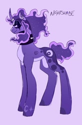 Size: 1546x2349 | Tagged: safe, alternate version, artist:gothalite, imported from derpibooru, oc, oc only, oc:nightshade, pony, unicorn, choker, female, horn, makeup, mare, purple background, simple background, smiling, solo, spiked choker, unicorn oc