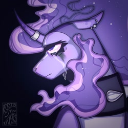 Size: 2000x2000 | Tagged: safe, artist:gothalite, imported from derpibooru, oc, oc only, oc:nightshade, pony, bust, choker, crying, ear piercing, earring, eyelashes, female, horn, horn ring, jewelry, mare, piercing, ring, solo, spiked choker