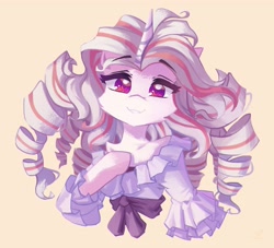 Size: 3375x3062 | Tagged: safe, artist:saxopi, imported from derpibooru, oc, oc only, earth pony, semi-anthro, unicorn, beige background, bipedal, bust, cheek fluff, chest fluff, clothes, commission, curls, curly mane, dress, eyebrows, eyebrows visible through hair, eyelashes, female, high res, hoof on chest, horn, looking at you, oc name needed, simple background, smiling, smiling at you, solo, unicorn oc