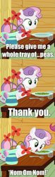 Size: 675x2160 | Tagged: safe, edit, edited screencap, imported from derpibooru, screencap, sweetie belle, pony, unicorn, one bad apple, comic, eating, female, filly, foal, food, jumpstart: first grade, pea, plate, screencap comic, thousand yard stare, wat