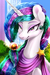 Size: 1500x2250 | Tagged: safe, artist:darksly, imported from derpibooru, princess celestia, alicorn, pony, alternate hairstyle, bedroom eyes, clothes, cute, eyeshadow, female, makeup, mare, scarf, solo