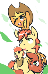 Size: 870x1354 | Tagged: safe, artist:creamyogurt, imported from derpibooru, apple bloom, applejack, big macintosh, bright mac, earth pony, pony, adorabloom, apple siblings, apple sisters, baby, baby apple bloom, brother and sister, cute, father, father and child, father and daughter, father and son, female, hat, jackabetes, macabetes, male, one eye closed, open mouth, open smile, pacifier, siblings, simple background, sisters, smiling, younger