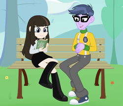 Size: 1216x1052 | Tagged: safe, artist:morbidmist, imported from derpibooru, microchips, oc, oc:morbid mist, human, equestria girls, bench, book, clothes, collar, converse, knee-high boots, park bench, shoes, skirt, suspenders, sweat, sweater