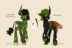 Size: 1480x999 | Tagged: safe, artist:angsty-artist, imported from derpibooru, oc, oc only, oc:diptera, oc:haunted portrait, changeling, pony, unicorn, changeling oc, coat markings, curved horn, cutie mark, disguise, disguised changeling, green changeling, horn, leonine tail, mullet, paintbrush, ponysona, raised hoof, reference sheet, solo, tail, three quarter view, unshorn fetlocks