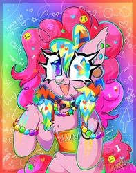 Size: 3220x4096 | Tagged: safe, artist:tinykiru, imported from derpibooru, pinkie pie, earth pony, pony, bracelet, chest fluff, choker, colorful, coontails, ear piercing, earring, fangs, happy, jewelry, looking at you, necklace, needs more saturation, nose piercing, nose ring, piercing, smiley face, smiling, smiling at you, solo, spiked choker, wingding eyes