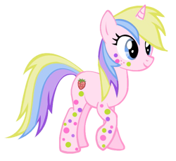 Size: 649x593 | Tagged: safe, edit, imported from derpibooru, holly dash, pony, unicorn, background pony, body markings, dots, female, food, freckles, g4, mare, rainbow power, rainbow power-ified, simple background, smiling, spotted, strawberry, toy interpretation, transparent background