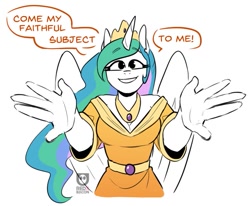 Size: 781x642 | Tagged: safe, artist:redxbacon, imported from derpibooru, part of a set, princess celestia, alicorn, anthro, adorasexy, bare shoulders, breasts, bronybait, busty princess celestia, cleavage, clothes, crown, cute, cutelestia, dress, hug, hug request, jewelry, looking at you, peytral, regalia, sexy, smiling, solo, talking to viewer