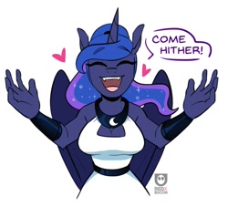 Size: 623x566 | Tagged: safe, artist:redxbacon, imported from derpibooru, part of a set, princess luna, alicorn, anthro, adorasexy, boob window, bracer, breasts, bronybait, busty princess luna, cleavage, clothes, come hither, cute, cute little fangs, dress, eyes closed, fangs, floating heart, heart, hug, hug request, lunabetes, open mouth, open smile, peytral, sexy, smiling, solo, talking to viewer
