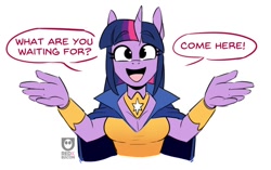 Size: 814x512 | Tagged: safe, artist:redxbacon, imported from derpibooru, part of a set, twilight sparkle, alicorn, anthro, adorasexy, bracer, breasts, bronybait, busty twilight sparkle, cape, cleavage, clothes, cute, dress, hug, hug request, incoming hug, looking at you, open mouth, open smile, peytral, sexy, smiling, solo, talking to viewer, twiabetes