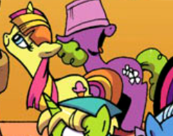 Size: 392x308 | Tagged: safe, artist:andypriceart, edit, idw, imported from derpibooru, daisy, flower wishes, sweetcream scoops, trixie, earth pony, pony, unicorn, spoiler:comic, spoiler:comicm03, bedroom eyes, bittersweet (g4), cropped, female, flower, food, hat, horn, ice cream, katie cook, lampshade, lampshade hat, mare, smiling