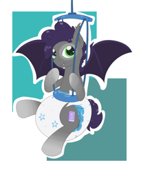 Size: 2112x2572 | Tagged: safe, artist:vitriolink, imported from derpibooru, oc, oc:sharp point, bat pony, pony, :t, baby bouncer, cute, cute little fangs, diaper, diaper fetish, diapered, fangs, fetish, juneteenth, male, non-baby in diaper, poofy diaper, white diaper
