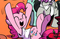 Size: 428x279 | Tagged: safe, artist:andypriceart, edit, idw, imported from derpibooru, lyra heartstrings, octavia melody, pinkie pie, earth pony, pony, unicorn, spoiler:comic, spoiler:comicm03, apple, basket, bowtie, cropped, eyes closed, female, food, hooves in air, lying down, mare, on back, raised hoof, smiling