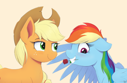 Size: 2026x1319 | Tagged: safe, artist:arcane-thunder, imported from derpibooru, applejack, rainbow dash, earth pony, pegasus, pony, appledash, blushing, duo, female, floppy ears, flower, flower in mouth, lesbian, mare, mouth hold, nervous, rose, rose in mouth, shipping, simple background, smiling
