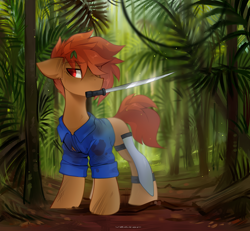 Size: 2600x2400 | Tagged: safe, artist:zlatavector, imported from derpibooru, oc, oc only, earth pony, pony, clothes, commission, jungle, machete, male, mouth hold, oc name needed, solo, stallion, weapon