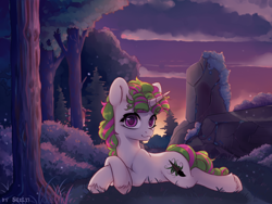 Size: 1920x1440 | Tagged: safe, artist:shelti, imported from derpibooru, oc, oc only, oc:rachel rascal, pony, unicorn, bush, cloud, cutie mark, female, forest, grass, lying down, mare, rock, sky, solo, sunset, tree