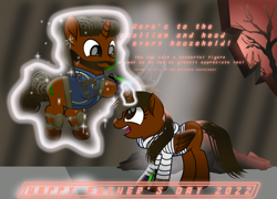 Size: 10546x7585 | Tagged: safe, artist:lincolnbrewsterfan, imported from derpibooru, oc, oc:nocturnal vision, oc:willing vision, alicorn, unicorn, fallout equestria, rainbow roadtrip, .svg available, alicorn oc, beard, binary code, broken, brown eyes, calculator, clothes, equestria font, face down ass up, facial hair, fallout equestria oc, father and child, father and daughter, father's day, female, floating, folded wings, graph, hair, heart, heart hoof, highlights, holly, hoodie, horn, inkscape, jumpsuit, levitation, lifting, looking at each other, loose hair, magic, magic aura, male, male and female, mane, moustache, movie accurate, music notes, nc-tv, nc-tv signature, nc-tv:creator ponified, nocturnal vision's striped hoodie, pipbuck, realistic mane, red sky, shading, smiling, smiling at each other, stallion, stallion oc, striped hoodie, svg, tail, telekinesis, text, tree, unicorn oc, vault suit, vector, wall, wasteland, wings