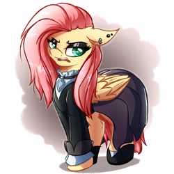 Size: 3900x3900 | Tagged: safe, artist:witchtaunter, imported from derpibooru, fluttershy, pegasus, pony, clothes, dress, ear piercing, earring, female, fluttergoth, jewelry, lidded eyes, mare, open mouth, piercing, shoes, simple background, solo
