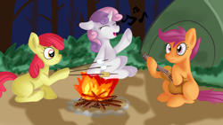 Size: 1920x1080 | Tagged: safe, artist:jbond, imported from derpibooru, apple bloom, scootaloo, sweetie belle, earth pony, pegasus, pony, unicorn, bonfire, campfire, cutie mark crusaders, eyes closed, female, filly, fire, foal, food, forest, guitar, marshmallow, musical instrument, night, note, open mouth, singing, tent, tongue out, tree, tree branch