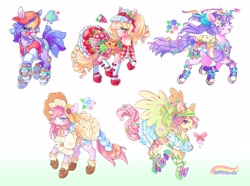 Size: 3164x2360 | Tagged: safe, artist:roccoco_co, imported from derpibooru, berry bright, clever clover, morning glory, petal blossom, sky skimmer, butterfly, earth pony, pegasus, blushing, cap, clothes, converse, dress, g2, happy, hat, redesign, shoes, smiling, socks, spread wings, sunglasses, wings