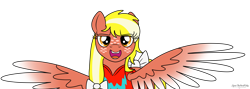 Size: 4744x1692 | Tagged: safe, artist:lynnthenerdkitty, imported from derpibooru, oc, oc only, pegasus, pony, anonymous, bow, clothes, colored wings, commission, eye clipping through hair, eyebrows, eyebrows visible through hair, hair bow, high res, looking at you, open mouth, open smile, pegasus oc, shirt, simple background, smiling, smiling at you, spread wings, tail, tail bow, transparent background, wings