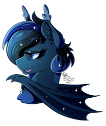 Size: 1100x1300 | Tagged: safe, artist:starcasteclipse, imported from derpibooru, oc, oc only, oc:silent faith, bat pony, pony, fallout equestria, bat pony oc, bat wings, bust, fallout equestria oc, fangs, female, lidded eyes, mare, open mouth, open smile, partially open wings, portrait, signature, simple background, smiling, solo, transparent background, wings