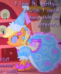 Size: 467x567 | Tagged: safe, artist:snakeythingy, edit, edited screencap, imported from derpibooru, screencap, applejack, earth pony, pony, look before you sleep, season 1, applejack also dresses in style, clothes, cropped, dialogue, dress, female, froufrou glittery lacy outfit, golden oaks library, hypno eyes, kaa eyes, mare, mind control, princess applejack, smiling, swirly eyes, text