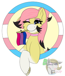 Size: 937x1099 | Tagged: safe, artist:gray star, imported from derpibooru, oc, oc only, oc:sunny side(gray star), earth pony, pony, bisexual pride flag, choker, clothes, female, headset, pride, pride flag, trans female, transgender, transgender oc, transgender pride flag, ych example, your character here