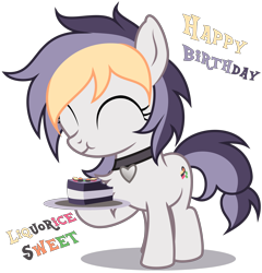 Size: 3320x3460 | Tagged: safe, artist:strategypony, imported from derpibooru, oc, oc only, oc:liquorice sweet, earth pony, pony, birthday, cake, choker, cute, earth pony oc, eating, eyes closed, female, filly, foal, food, hoof hold, multicolored mane, plate, simple background, tail, transparent background, two toned tail, younger