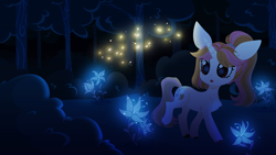 Size: 3200x1800 | Tagged: safe, artist:belka-sempai, imported from derpibooru, oc, oc only, oc:belka, pony, unicorn, flower, forest, night, solo