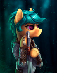 Size: 3184x4077 | Tagged: safe, artist:helmie-art, imported from derpibooru, oc, oc only, oc:karoline skies, earth pony, pony, armor, body armor, freckles, horseshoes, not hitch trailblazer, solo, sword, unshorn fetlocks, weapon